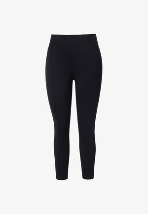 Leggings neri realizzati in tessuto elasticizzato, con una vita alta, design aderente e taglio alla caviglia, privi di motivi o dettagli visibili.