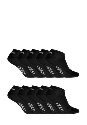 Chaussettes noires de cheville avec une texture lisse, présentant un motif de diamant en gris et un logo sur le revers. Paquet de plusieurs paires.