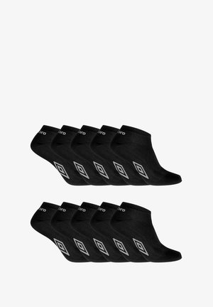 Chaussettes noires de cheville avec une texture lisse, présentant un motif de diamant en gris et un logo sur le revers. Paquet de plusieurs paires.