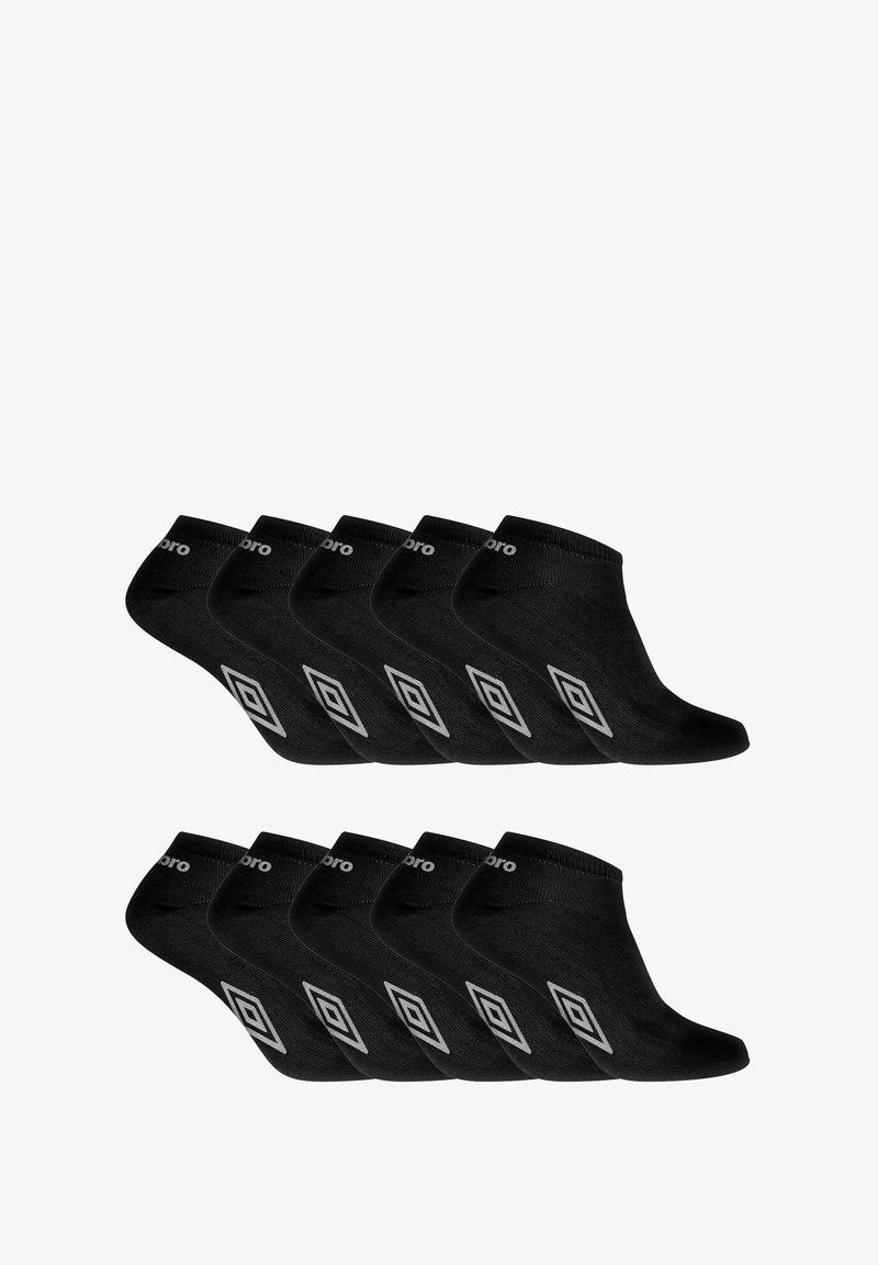 Chaussettes noires de cheville avec une texture lisse, présentant un motif de diamant en gris et un logo sur le revers. Paquet de plusieurs paires.