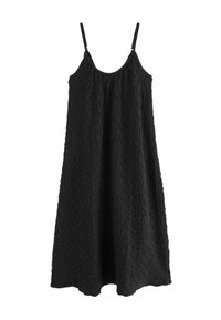 Robe noire avec un motif texturé, dotée de bretelles spaghetti et d'un design ample et fluide qui atteint la mi-mollet.