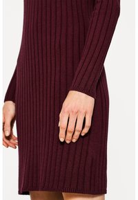 Burgundy ribbaberkleid mit langen Ärmeln und einer taillierten Silhouette. Die Textur zeigt vertikale Streifen und erreicht die Oberschenkelmitte.