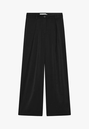 Schwarze weit geschnittene Hose mit Falten, Knopfverschluss, Gürtelschlaufen und flachem Frontdesign.