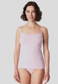Light pink camisole with thin straps, soft fabric, and a lace trim at the neckline. Paired with matching light pink panties.
