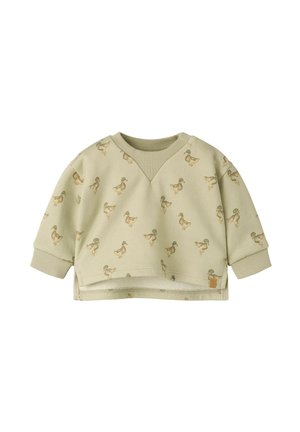 Sweat-shirt beige clair à manches longues pour tout-petit avec motif canard et col et poignets côtelés.