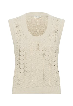 Beżowy bez rękawów sweter z szerokim dekoltem, z teksturowanym wzorem falistych szwów i małymi otworami w całej powierzchni.