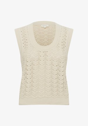 Beżowy bez rękawów sweter z szerokim dekoltem, z teksturowanym wzorem falistych szwów i małymi otworami w całej powierzchni.