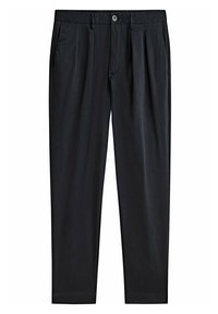 Svarta byxor i lättviktsmaterial med två framplisseringar, knappstängning och sidofickor. Rakt ben.