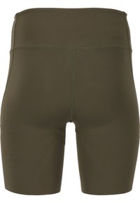 Olijfgroene fietsbroekjes van glad, rekbaar materiaal, met een hoge tailleband en platte naden voor comfort en duurzaamheid.