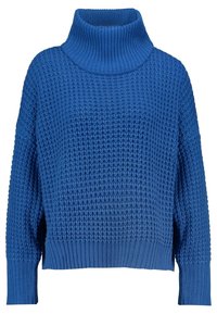 Pull bleu texturé avec un col haut, coupe ample, poignets et ourlet côtelés. Présente un motif en tricot gaufré sur toute la surface.