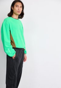 Grüner Fleece-Pullover mit braunem Seiteneinsatz, langen Ärmeln und dezenter Markierung. Kombiniert mit schwarzen, lässig geschnittenen Hosen mit Seitenfächern.