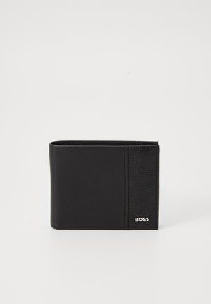 Black leather bifold wallet with textured strip on right side and silver "BOSS" logo on lower right corner.