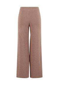 Pantalon en maille à taille haute et jambes larges de couleur brun clair avec un motif texturé subtil, sans fermetures ni poches visibles.