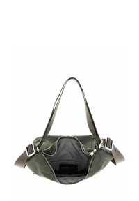 Borsa a spalla verde in nylon con interni grigi, chiusura con zip e spallacci regolabili, dotata di etichetta logo interna e texture liscia.