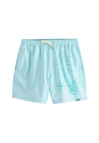Lichtblauwe zwemshorts met een elastische tailleband en trekkoord. Voorzien van een afbeelding van een personage naast palmbomen op het linkerbeen.