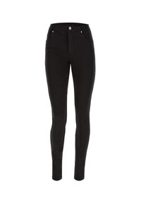 Mustat farkkuhousut, joissa on korkea vyötärö, viisi taskua ja hopeiset yksityiskohdat. Sileä pinta ja istuva siluetti.