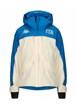 Giacca Kappa blu e bianca con cappuccio, logo ITA sul petto, cerniere frontali e polsini interni neri al polso.