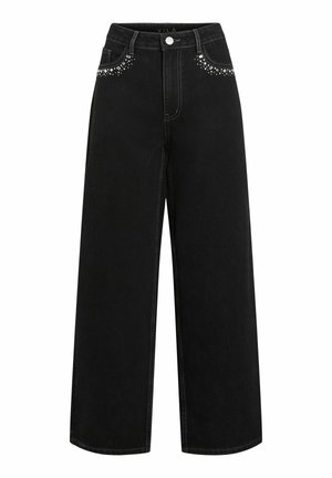 Jeans ampi in denim nero con vita alta, tasche frontali decorate con strass e cuciture a contrasto lungo le cuciture.