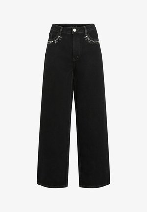 Jeans ampi in denim nero con vita alta, tasche frontali decorate con strass e cuciture a contrasto lungo le cuciture.