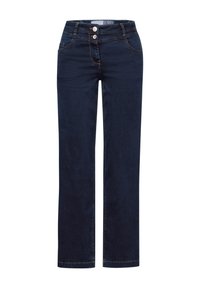 Donkerblauwe spijkerbroek met een rechte pijpdesign, twee voorzakken en twee knoopsluitingen op de taille. Kenmerkt zich door contrasterende stiksels.