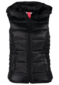 Veste sans manches noire matelassée avec fermeture éclair complète à l’avant, deux poches latérales et une capuche.