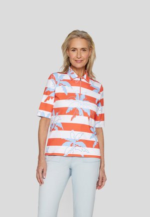 Poloshirt mit kurzen Ärmeln in Orange und Weiß gestreift, mit blauen Palmblatt-Mustern. Kragen mit halbem Reißverschluss, aus einem Baumwoll-Mischgewebe.