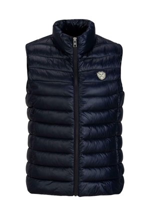 Marine blauwe puffer vest met hoge kraag, ritssluiting aan de voorkant, en een doorgestikt ontwerp. Bevat een klein logo-opdruk aan de linkerkant. Soepel, lichtgewicht materiaal.