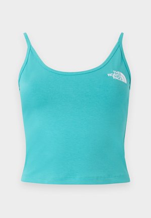 Aqua tanktop met dunne spaghettibandjes, gemaakt van een zachte stof. Het heeft een ronde halslijn en een klein wit logo op de voorkant.