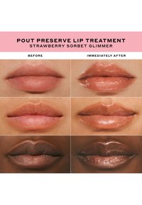 Zdjęcia przed i po zabiegu na usta; zabieg nadaje lśniące wykończenie, jaśniejszy odcień i pełniejszy wygląd. Pokazane różne odcienie skóry.