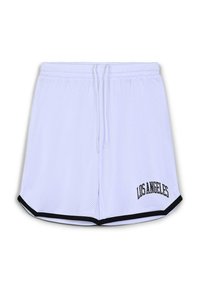 Shorts sportivi bianchi in rete con bordo nero, con la scritta "LOS ANGELES" in nero sul lato sinistro. Vita elastica con coulisse.