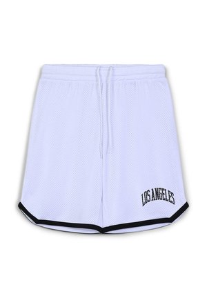 Shorts sportivi bianchi in rete con bordo nero, con la scritta "LOS ANGELES" in nero sul lato sinistro. Vita elastica con coulisse.