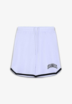 Shorts sportivi bianchi in rete con bordo nero, con la scritta "LOS ANGELES" in nero sul lato sinistro. Vita elastica con coulisse.