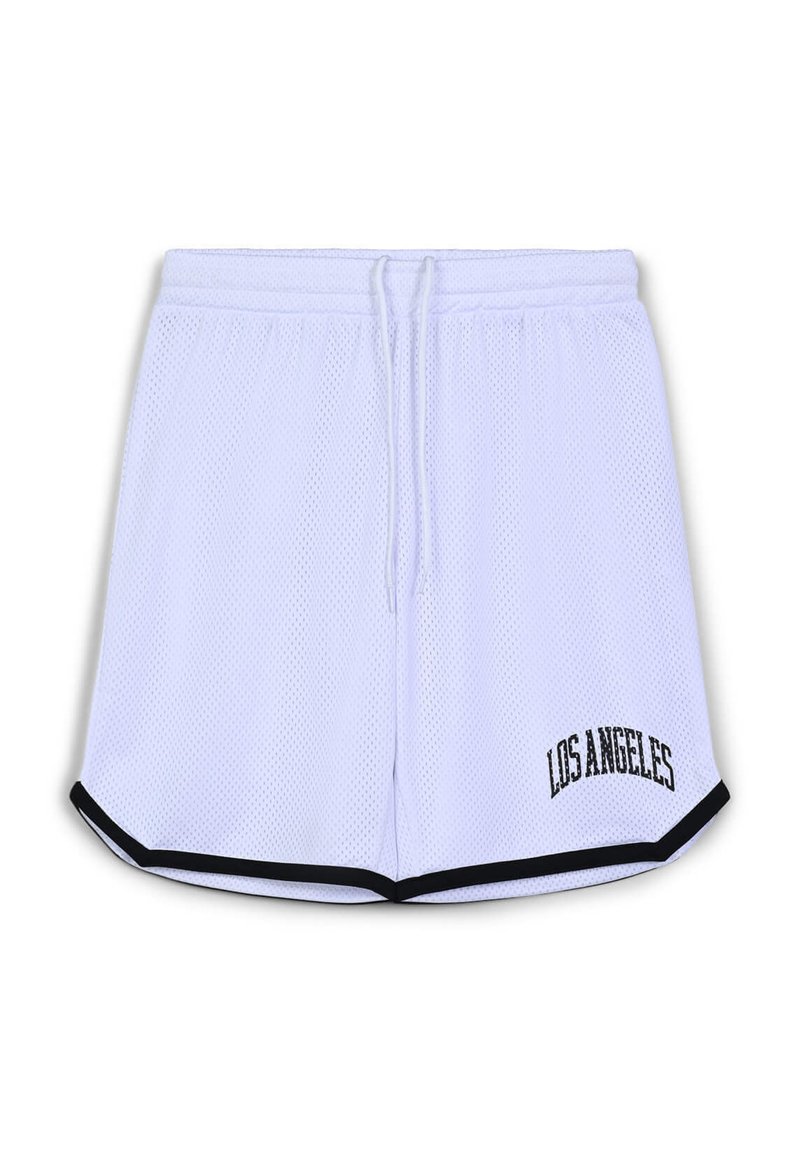 Shorts sportivi bianchi in rete con bordo nero, con la scritta "LOS ANGELES" in nero sul lato sinistro. Vita elastica con coulisse.