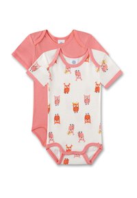 Set aus zwei Babybodys: einer einfarbigen in Rosa, der andere in Weiß mit bunten Eulenmustern. Beide haben kurze Ärmel und Druckknopfverschlüsse.
