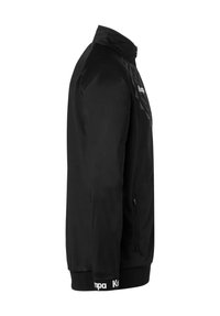 Black athletic jacket featuring a high collar, zippered pockets, ribbed cuffs, and a logo on the front. Smooth fabric with a modern fit.