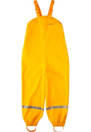 Bright yellow waterproof overalls made from durable material, featuring adjustable straps, elastic cuffs, and reflective silver stripes.