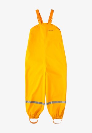 Bright yellow waterproof overalls made from durable material, featuring adjustable straps, elastic cuffs, and reflective silver stripes.