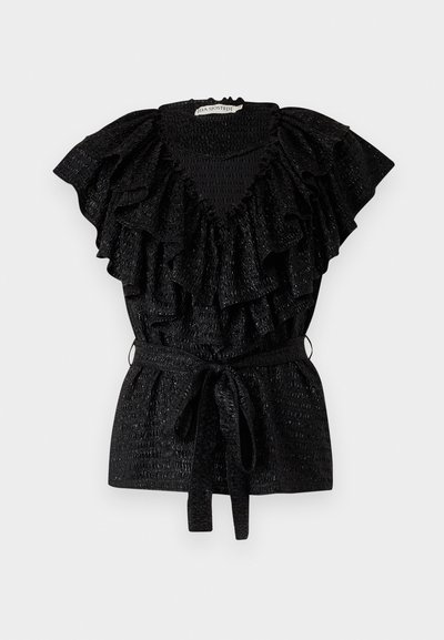 Schwarze Bluse mit großem Rüschenausschnitt und kurzen Ärmeln. Verfügt über ein gerafftes Oberteil und eine Bindegürtellinie. Hergestellt aus strukturiertem Stoff.