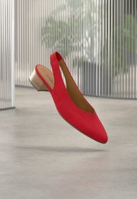 Κόκκινο γούνινο παπούτσι τύπου slingback με μυτερή μύτη και χαμηλό ξύλινο τακούνι, με κομψό κομμένο σχέδιο στο πίσω μέρος και λεία εσωτερική επένδυση.