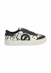 Black and white low-top sneakers with a speckled pattern, featuring a black leather toe cap, textile upper, and textured laces.