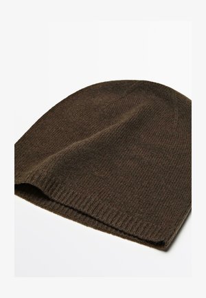 Brown knitted beanie with a ribbed texture, rounded top, and a soft, flexible fit. Made from wool or a wool-like material. No patterns or accents.