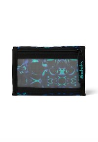 Black mesh wallet with vibrant blue and teal abstract patterns, featuring a black zip closure and a tag with "Satch" branding.