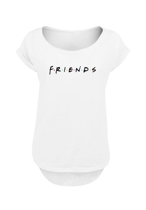 White t-shirt with a rounded neckline, short rolled sleeves, featuring the text "F.R.I.E.N.D.S" in playful black letters with colored dots between.