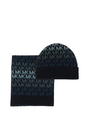Bonnet tricoté bleu foncé et noir avec écharpe assortie arborant un motif répété du logo "MK".