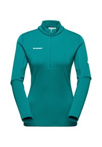 Türkiser Pullover mit einem halben Reißverschlusskragen. Aus weichem Stoff gefertigt, hat er lange Ärmel und das "Mammut"-Logo in Weiß auf der Vorderseite.