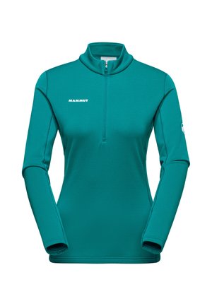 Türkiser Pullover mit einem halben Reißverschlusskragen. Aus weichem Stoff gefertigt, hat er lange Ärmel und das "Mammut"-Logo in Weiß auf der Vorderseite.