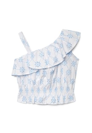 Top corto bianco con spalle scoperte e una cinghia, ricamo floreale blu, scollo con volant e orlo elasticizzato arricciato.