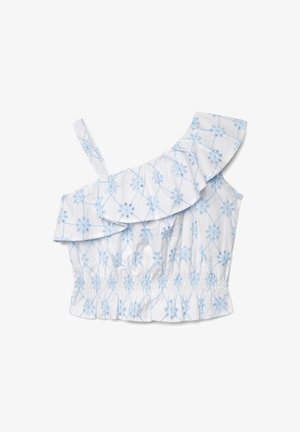 Top corto bianco con spalle scoperte e una cinghia, ricamo floreale blu, scollo con volant e orlo elasticizzato arricciato.