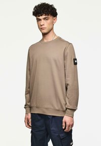 Beige sweatshirt met lange mouwen, geribbelde boorden en een ronde hals. Bevat een zwarte stoffen patch op de linker mouw.