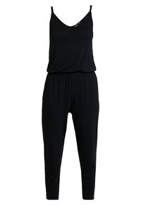 Mono negro con escote en V, tirantes finos y cintura elástica. La tela es suave con un diseño de pierna ajustada, adecuado para ropa casual.